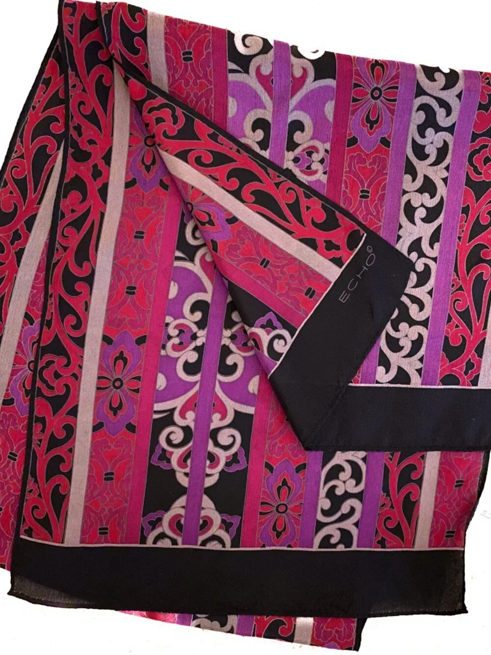 Vintage ECHO Silk Rectangle Oblong Scarf Purple, Pink, Red, Black